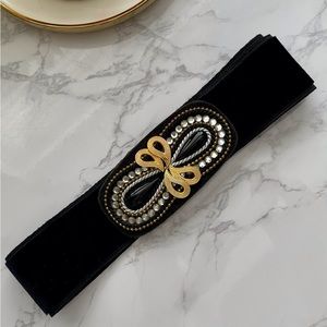 Charmant Beverly Hills Black velvet stretch belt & black, gold & crystal buckle